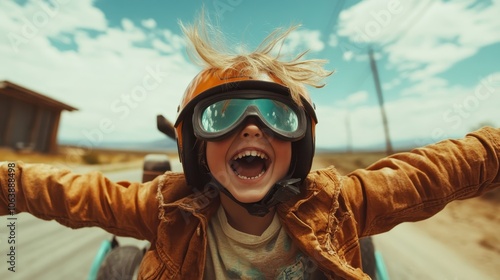 A child with open arms enjoys a thrilling bike ride, helmet and goggles on, as wind sweeps through their hair, embodying freedom and adventurous spirit.