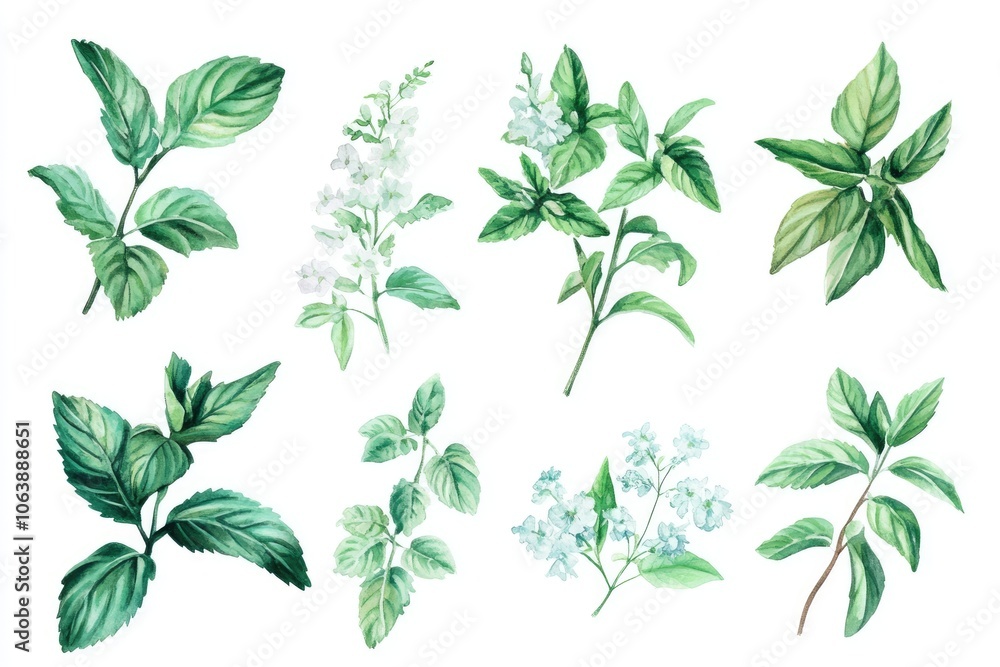 Mint Freshness. Hand Painted Illustration Set of Peppermint Leaves for Natural Aroma Mint Freshness. Hand Painted Illustration Set of Peppermint Leaves for Natural Aroma