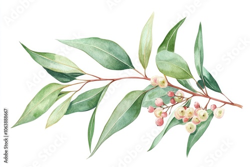 Watercolor Eucalyptus Botanical Illustration Set with Medicinal Leaves and Berries