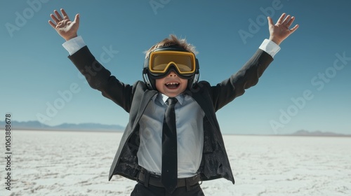 Joyful child in a black suit with large goggles raises his arms victoriously in a wide open desert landscape under a bright, clear sky, symbolizing freedom and success. photo