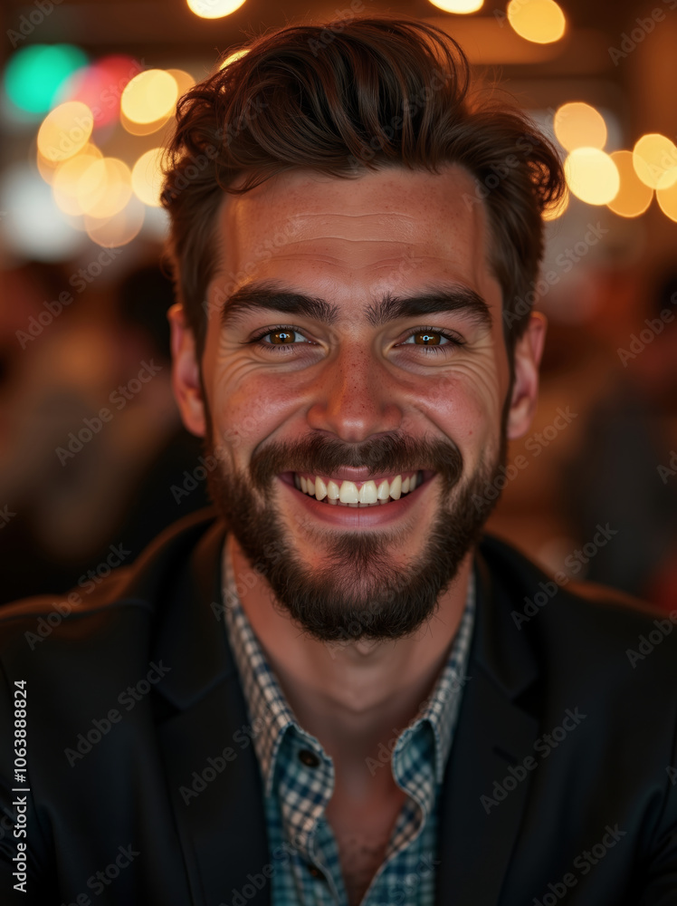 A smiling man in a stylish suit sitting at an upscale restaurant with warm lighting and a lively atmosphere in the evening A smiling man in a stylish suit sitting at an upscale restaurant with warm lighting and a lively atmosphere in the evening