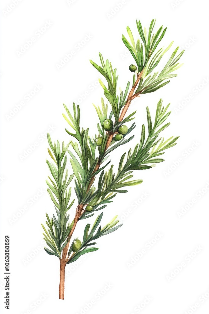 Watercolor Juniper Berry Branch. Botanical Illustration of Evergreen Conifer Tree with Berries Watercolor Juniper Berry Branch. Botanical Illustration of Evergreen Conifer Tree with Berries