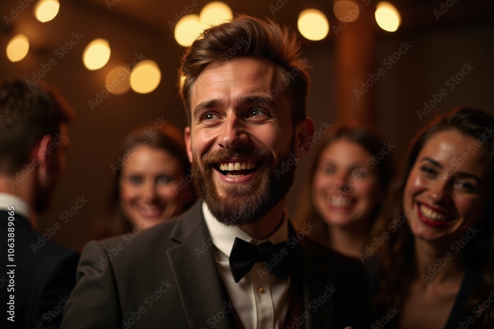 A well-dressed man smiling at a festive gathering with friends, illuminated by soft lights during an evening celebration A well-dressed man smiling at a festive gathering with friends, illuminated by soft lights during an evening celebration