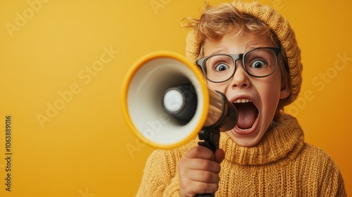 A young boy with glasses and a beanie shouts into a megaphone, standing against a vibrant yellow background, portraying a sense of energy and communication. photo