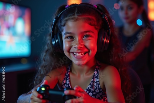 A young girl enjoys gaming at home while wearing headphones, illuminated by colorful lights in the background during the evening