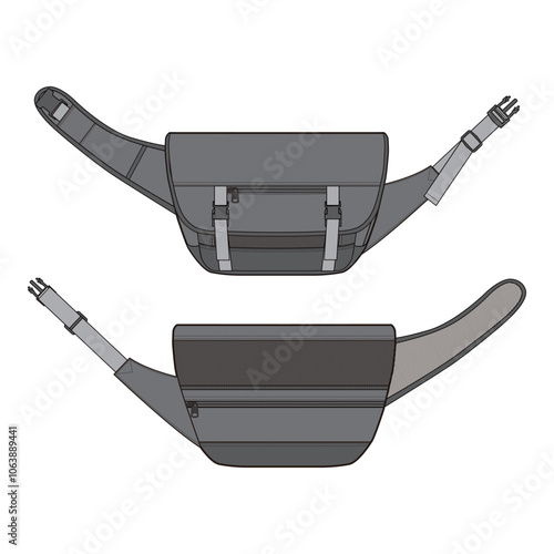 Dual-view gray crossbody bag with adjustable strap and buckle, front and back perspectives.
