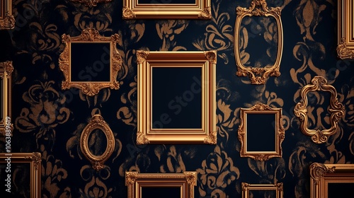 Ornate, gold picture frames hanging on a deep, luxurious velvet wall.