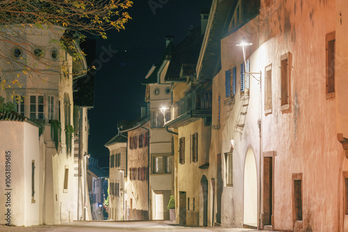 Night view of the streets of Appiano near Bolzano in South Tyrol photo