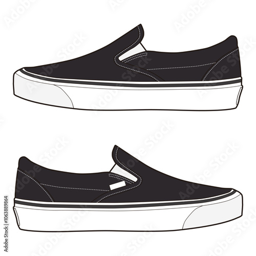 Black slip-on sneakers with white soles, offering a sleek and simple design.
