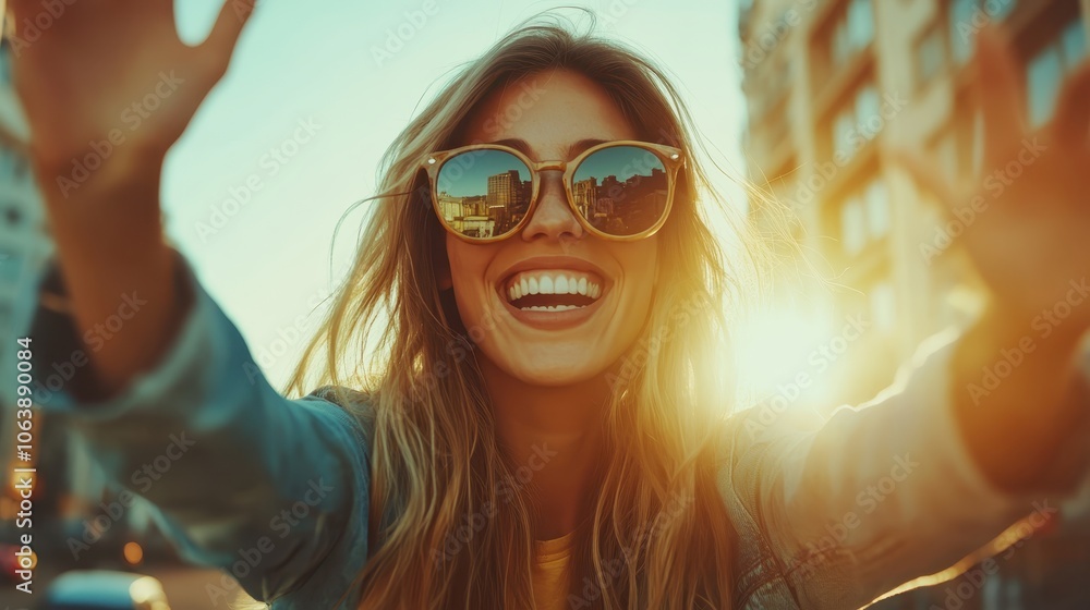 A joyful woman smiles broadly while wearing stylish sunglasses on a sunny day, radiating happiness and energy in a vibrant city setting. A joyful woman smiles broadly while wearing stylish sunglasses on a sunny day, radiating happiness and energy in a vibrant city setting.