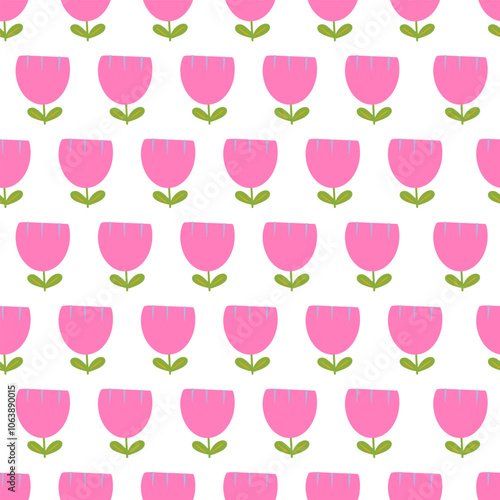 Abstract Garden with Pink and Red Flowers on a White Background. Lovely Childish Style Floral Print. Doodle cute Hand Drawn Floral Seamless Vector Pattern with Simple Pink and Red Tulips. 