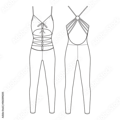 Strappy jumpsuit design with crisscross details, featuring a fitted silhouette.
