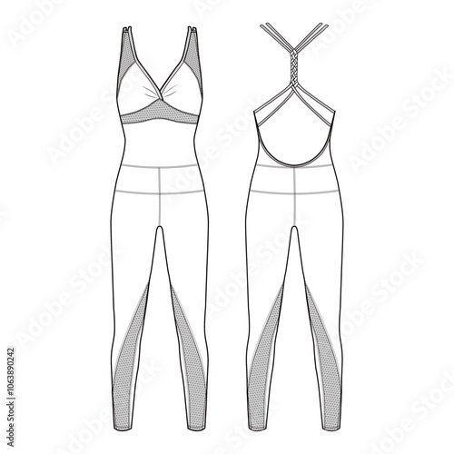 Stylish activewear jumpsuit with mesh panels, designed for a sleek and supportive fit.
