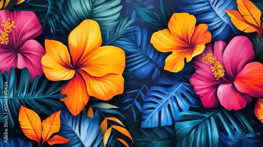 Fototapeta premium Vibrant floral abstract art featuring white lilies surrounded by blue and orange splashes, creating a lively composition.