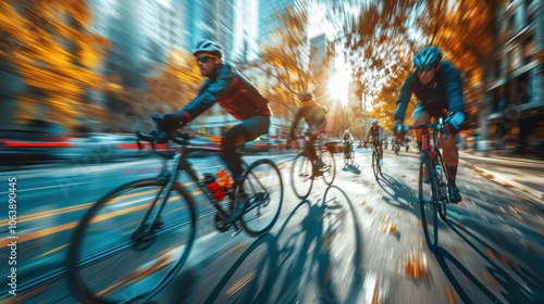 Fototapeta Naklejka Na Ścianę i Meble -  Blurred image of two bicyclists riding down a city street
