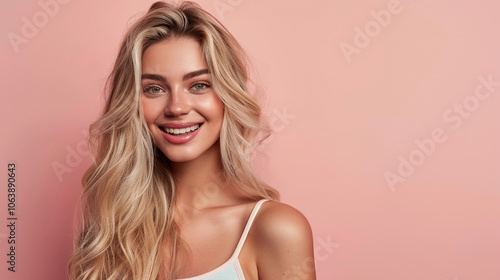 Smiling young woman with blonde long groomed hair isolated on pastel flat background with copy space