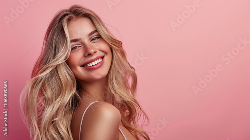 Smiling young woman with blonde long groomed hair isolated on pastel flat background with copy space