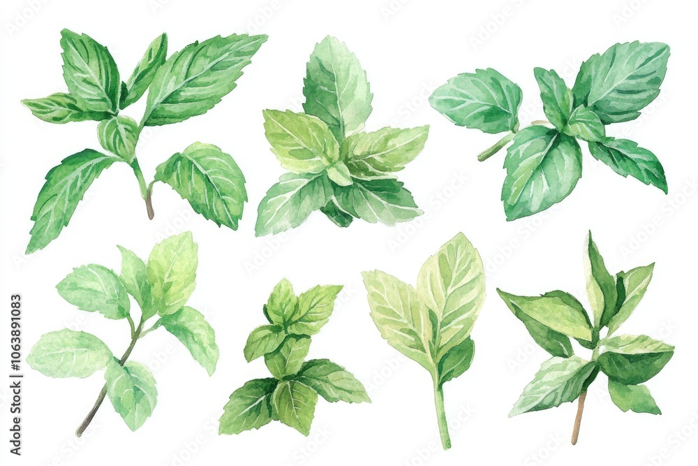 Fresh Mint Collection. Watercolor Illustration of Peppermint Leaves for Aromatherapy and Health Fresh Mint Collection. Watercolor Illustration of Peppermint Leaves for Aromatherapy and Health