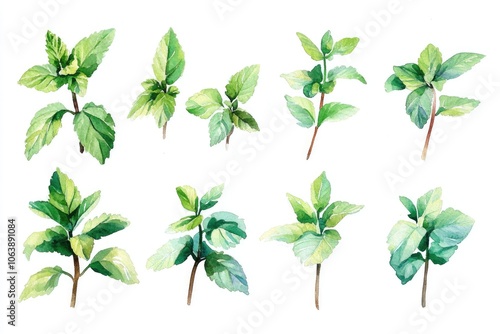 Minty Freshness: Watercolor Collection of Peppermint Leaves for Natural Aromatherapy