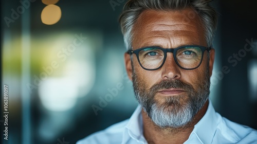 A confident man with glasses and greying hair gazes thoughtfully, exuding professionalism against a modern, blurred indoor background setting.