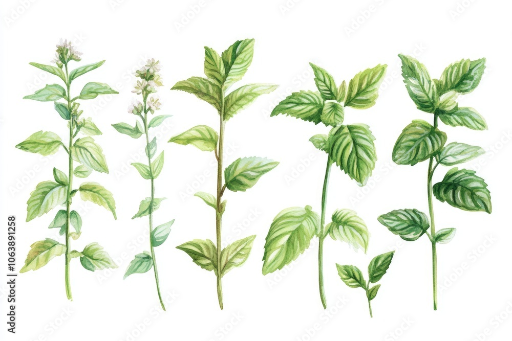 Watercolor Minty Freshness. Hand Drawn Set of Peppermint Leaves and Flowers Watercolor Minty Freshness. Hand Drawn Set of Peppermint Leaves and Flowers