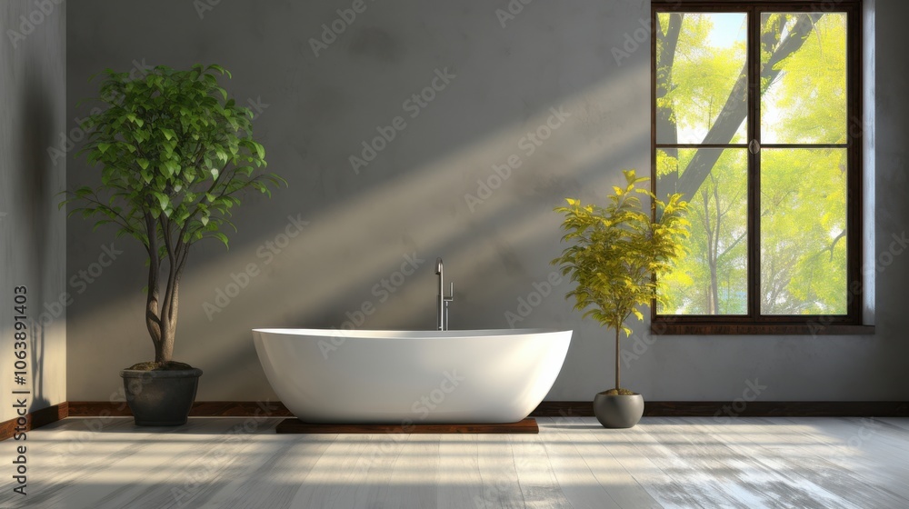 A Modern Bathroom With A Freestanding Tub, Plants, And A Window With A View Of Trees A Modern Bathroom With A Freestanding Tub, Plants, And A Window With A View Of Trees