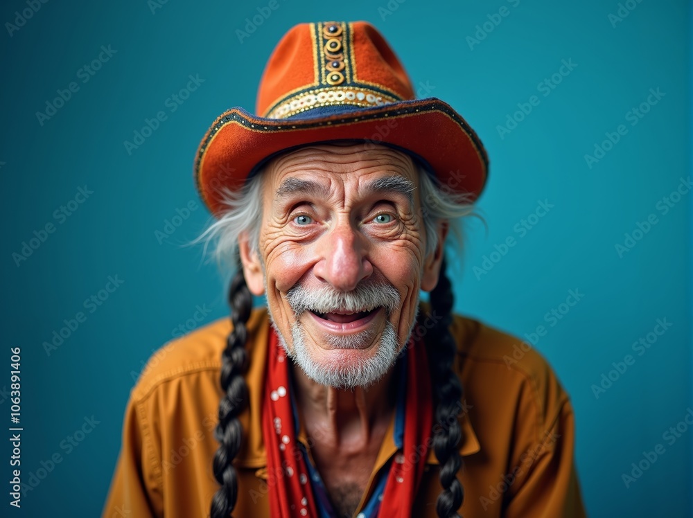 A joyful indigenous elderly man in a colorful costume celebrates at a lively birthday party with vibrant decorations and cheerful ambiance A joyful indigenous elderly man in a colorful costume celebrates at a lively birthday party with vibrant decorations and cheerful ambiance
