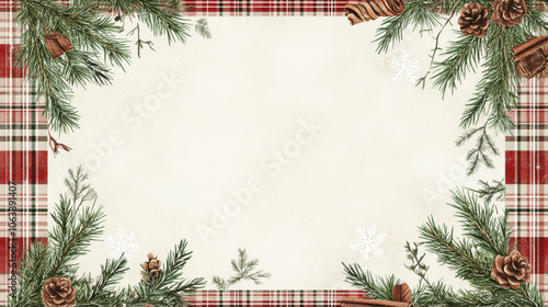 Vintage-inspired Christmas card with plaid borders, pine branches, and a cosy festive vibe for heartfelt holiday wishes.