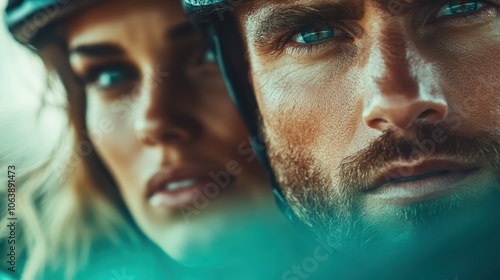 A close-up of two individuals wearing helmets, displaying intense expressions. The image captures their eyes, with a focus on their focused and determined look.