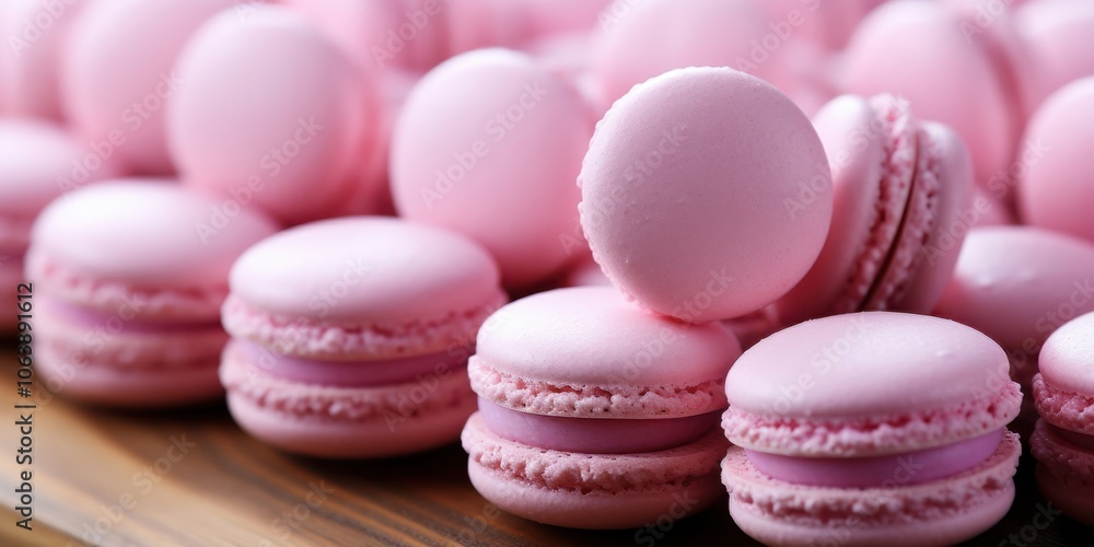 Obraz premium A close-up of pink macarons with a hint of pink filling, arranged on a wooden surface, showcasing the delicate texture and soft hues of these delightful treats.
