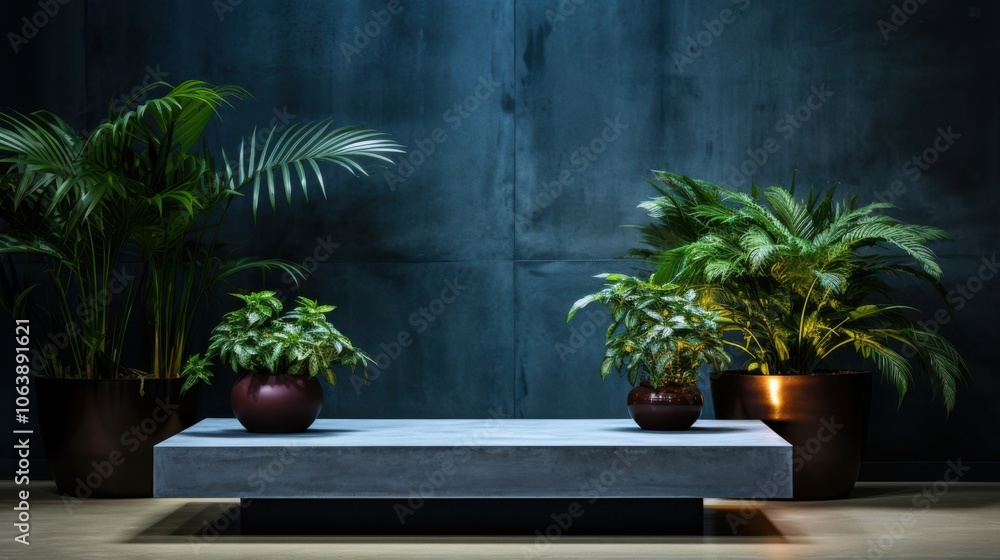 Fototapeta premium Contemporary interior design featuring a concrete coffee table and potted plants against a dark tiled wall.