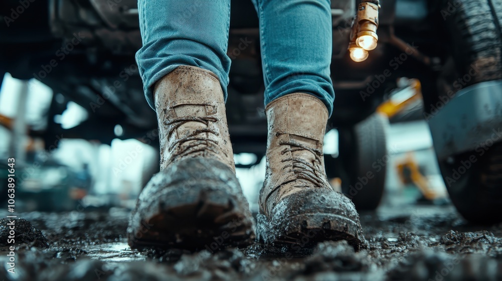 A worker's muddy boots and jeans under a vehicle during a repair job, suggesting hard work, dedication, and a gritty atmosphere in an outdoor setting. A worker's muddy boots and jeans under a vehicle during a repair job, suggesting hard work, dedication, and a gritty atmosphere in an outdoor setting.