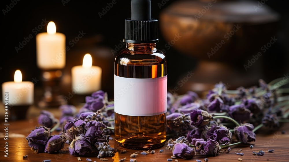 Aromatic essential oil in a glass dropper bottle with lavender and candles on a rustic wooden table Aromatic essential oil in a glass dropper bottle with lavender and candles on a rustic wooden table