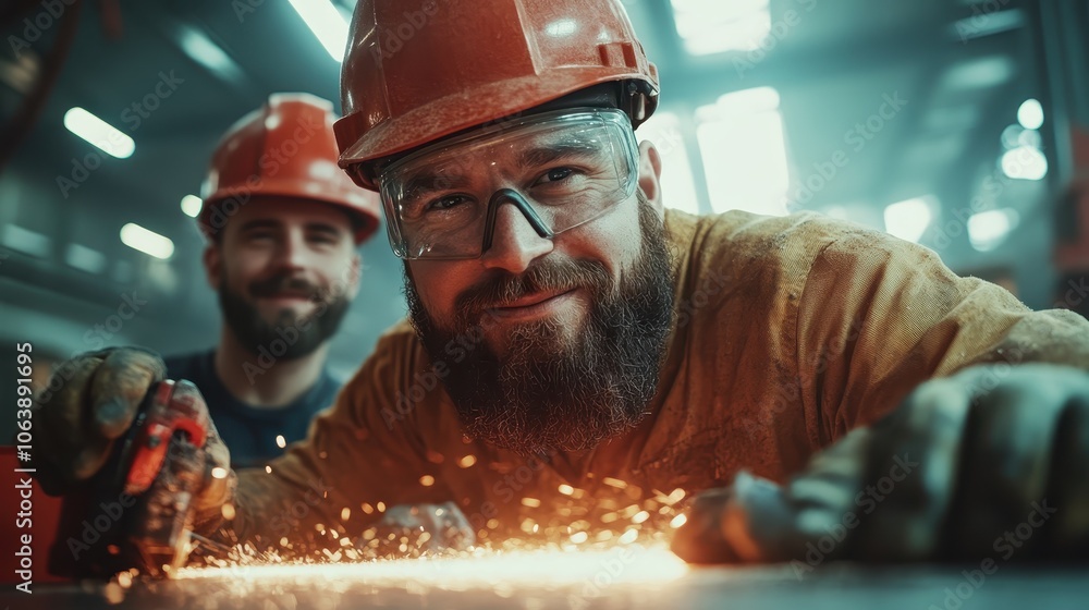 Two workers in hard hats and safety glasses operate a tool that emits sparks, highlighting teamwork, safety, and industrial grit in a bustling environment. Two workers in hard hats and safety glasses operate a tool that emits sparks, highlighting teamwork, safety, and industrial grit in a bustling environment.