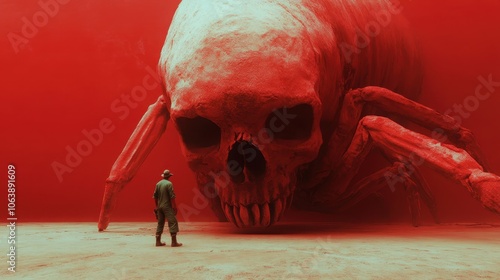 An explorer confronts a gigantic red spider with a skull face in an expansive desert, capturing themes of adventure, courage, and the epic unknown.