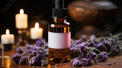 Aromatic essential oil in a glass dropper bottle with lavender and candles on a rustic wooden table