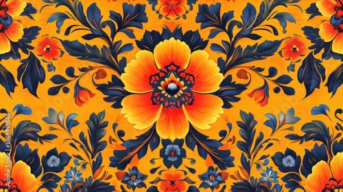 A vibrant floral pattern featuring white and yellow flowers on a warm golden background.