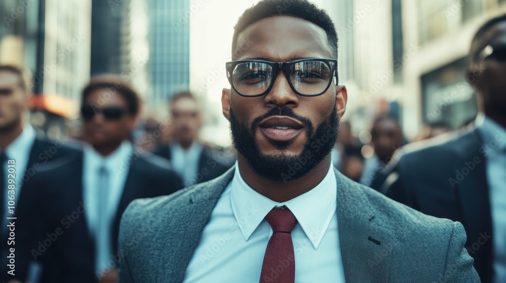 A confident man wearing glasses and a formal suit stands amidst a bustling crowd in an urban setting, embodying assurance and professionalism in a city lifestyle. A confident man wearing glasses and a formal suit stands amidst a bustling crowd in an urban setting, embodying assurance and professionalism in a city lifestyle.