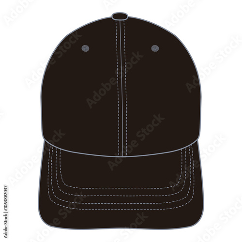 Black front view of classic baseball cap with stitching details.
