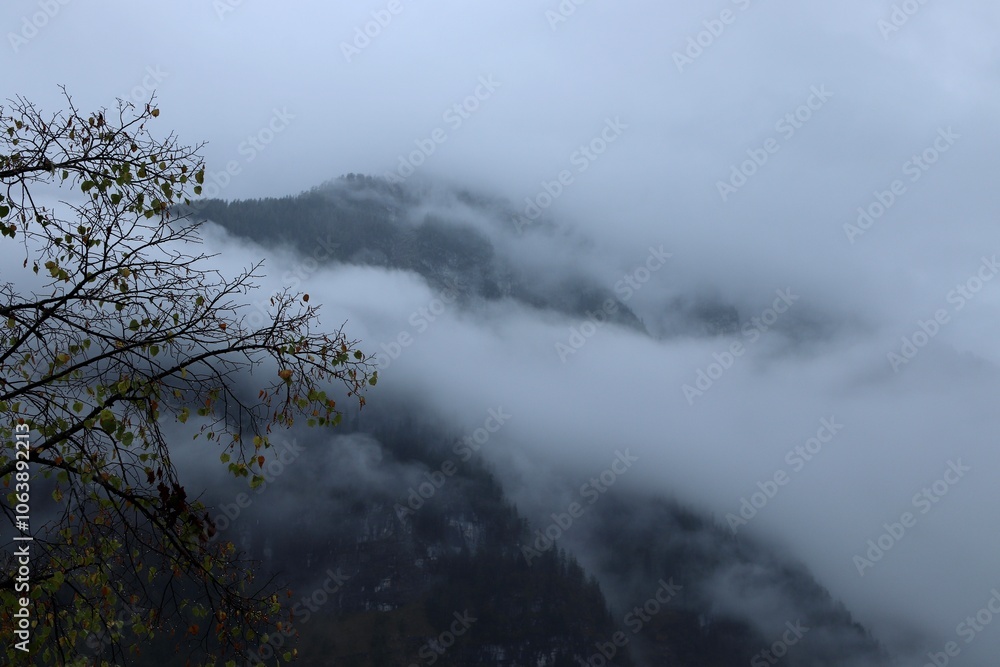 Obraz premium Serene Morning View of Misty Hallstatt Forested Hillside, Capturing the Tranquility and Atmospheric Beauty of Austria’s Iconic Alpine Landscape