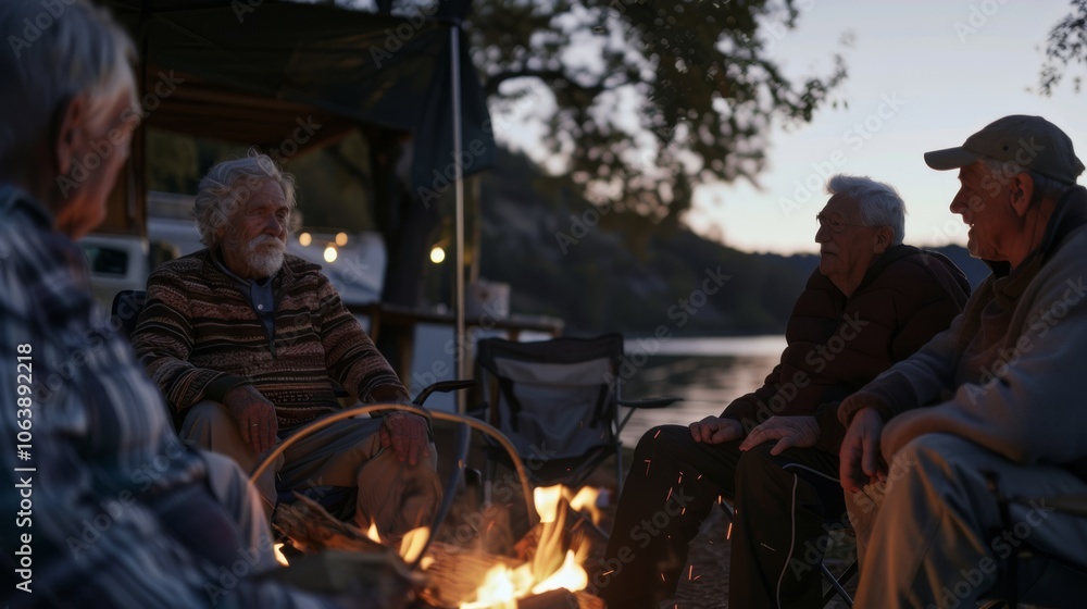 A group of elderly friends gathered around a campfire near a lake at dusk, their silhouettes framed by the gentle glow of the flames. A group of elderly friends gathered around a campfire near a lake at dusk, their silhouettes framed by the gentle glow of the flames.