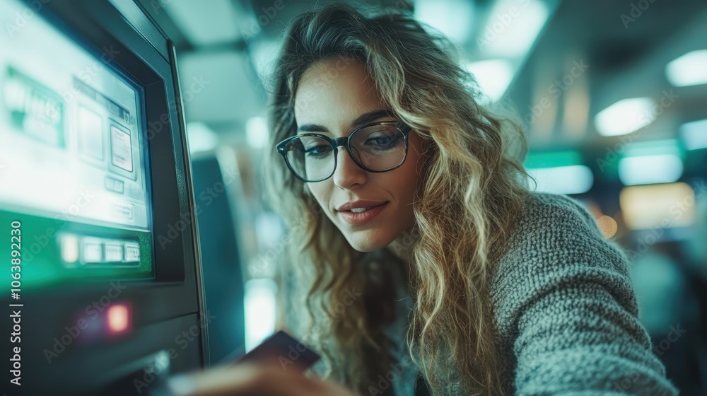 A young woman with glasses is deeply focused as she interacts with an ATM machine, performing a secure card transaction in an urban environment. A young woman with glasses is deeply focused as she interacts with an ATM machine, performing a secure card transaction in an urban environment.