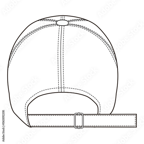 Vector illustration of the back view of a baseball cap with buckle closure, displaying stitching and structure.
