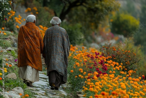 Indian elderly couple in traditional clothes enjoy a casual stroll in the park. Generative AI