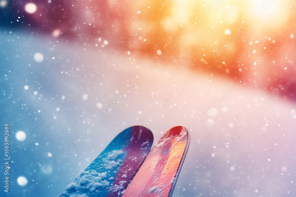 Close-up on the red skis of a skiers sliding down a snowy slope with speed through a forest in winter. Close-up on the red skis of a skiers sliding down a snowy slope with speed through a forest in winter.