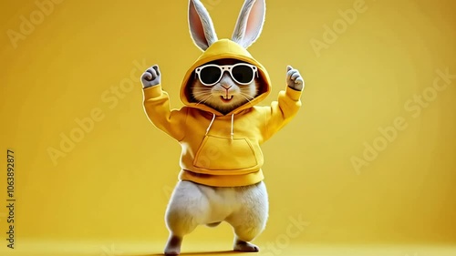 A white rabbit wearing a yellow hoodie and sunglasses poses with a happy expression on a yellow background.