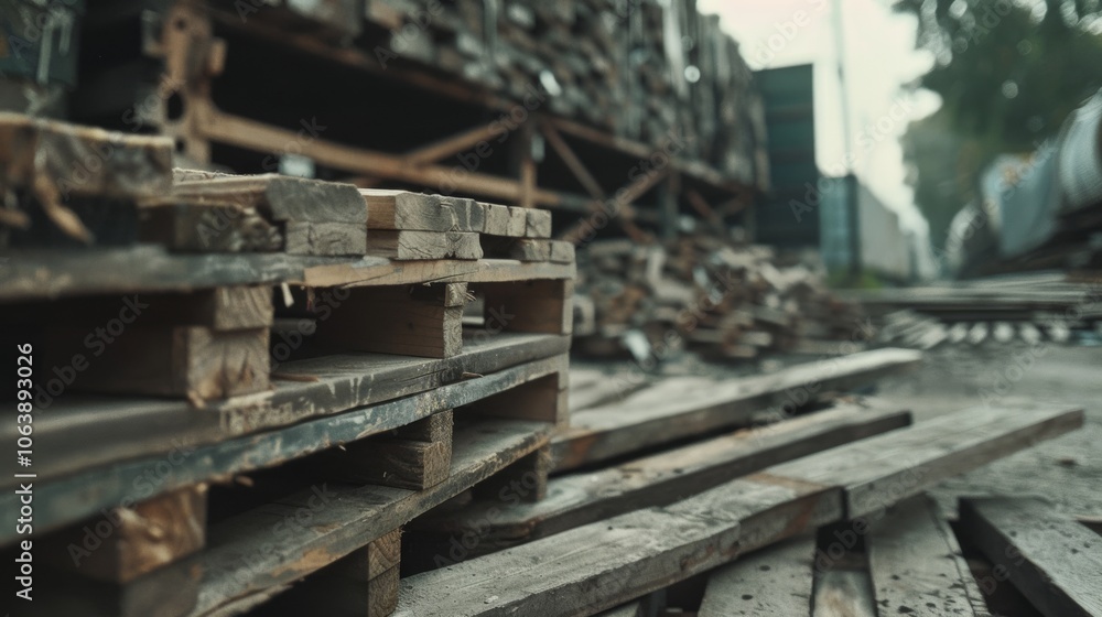 Weathered wooden pallets stacked in an industrial yard evoke a sense of rugged beauty and pragmatic utility. Weathered wooden pallets stacked in an industrial yard evoke a sense of rugged beauty and pragmatic utility.