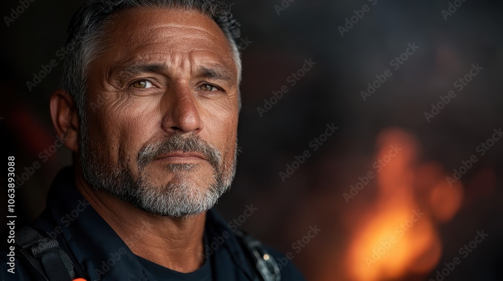 A mature man with a thoughtful expression stands in front of a dimly lit background illuminated by warm firelight, conveying introspection and resilience. A mature man with a thoughtful expression stands in front of a dimly lit background illuminated by warm firelight, conveying introspection and resilience.