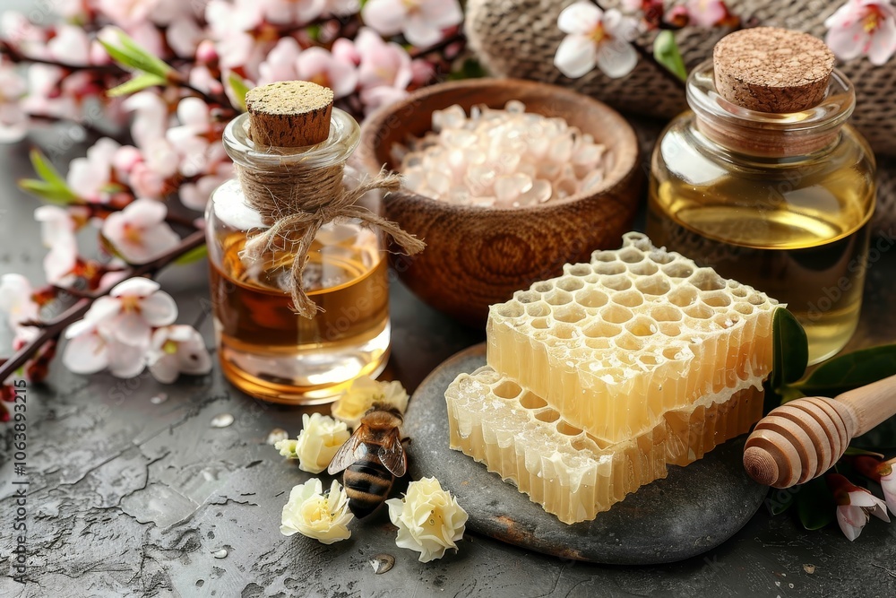 Vibrant background featuring honey bees and honeycomb with ample copy space for your message Vibrant background featuring honey bees and honeycomb with ample copy space for your message