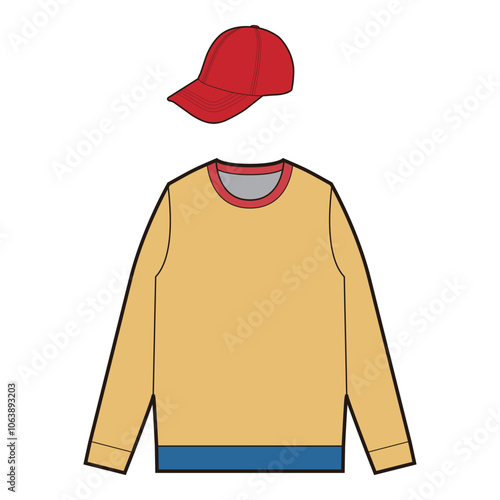 Yellow crewneck sweatshirt with red and blue accents paired with a red baseball cap, isolated on white background, suitable for apparel mockups and branding.

